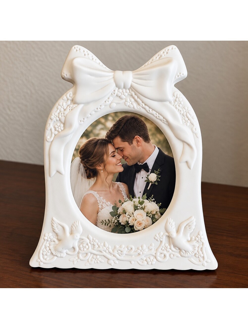 Vintage Russ Berrie White Porcelain Dove Bow Wedding Photo Frame 1990s